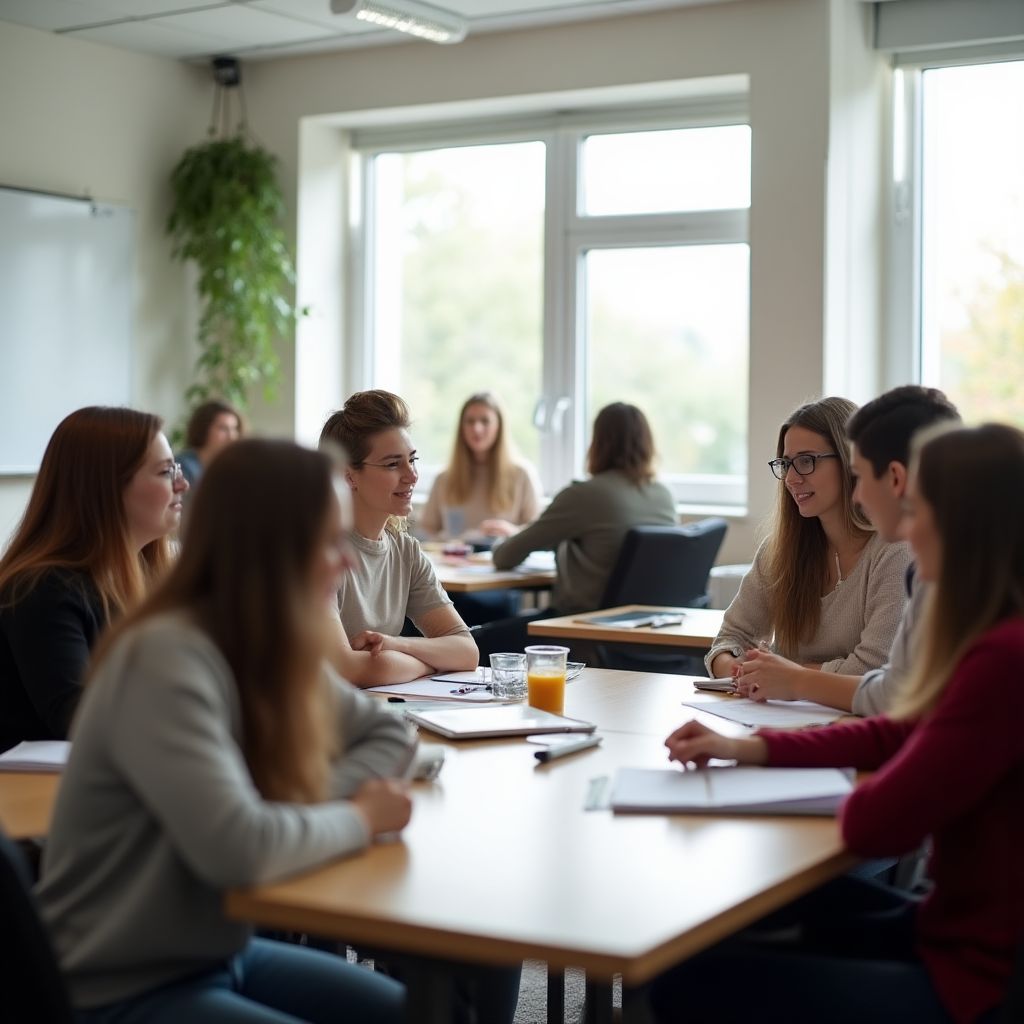 Sınıfta öğrenciler ve öğretmen gülümseyerek etkileşimde